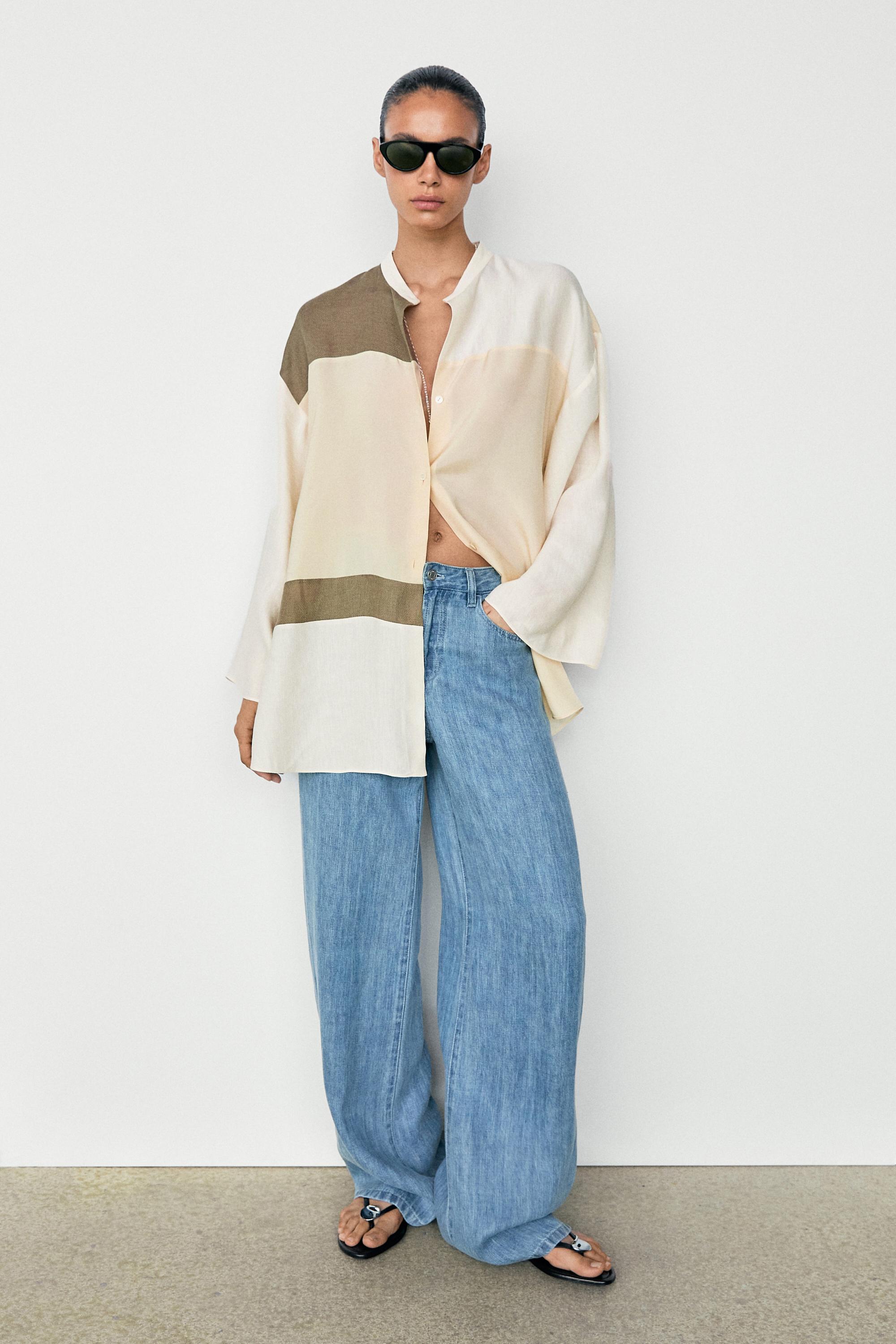 Flowing patchwork shirt with stand-up collar